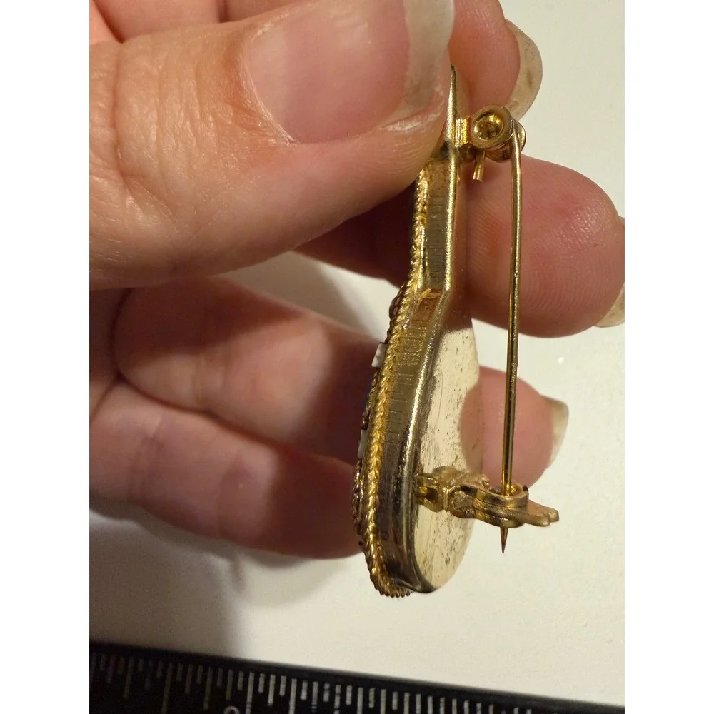 Vintage Italian Micro Mosaic Mandolin Brooch Lute Musical Instrument Gold Tone